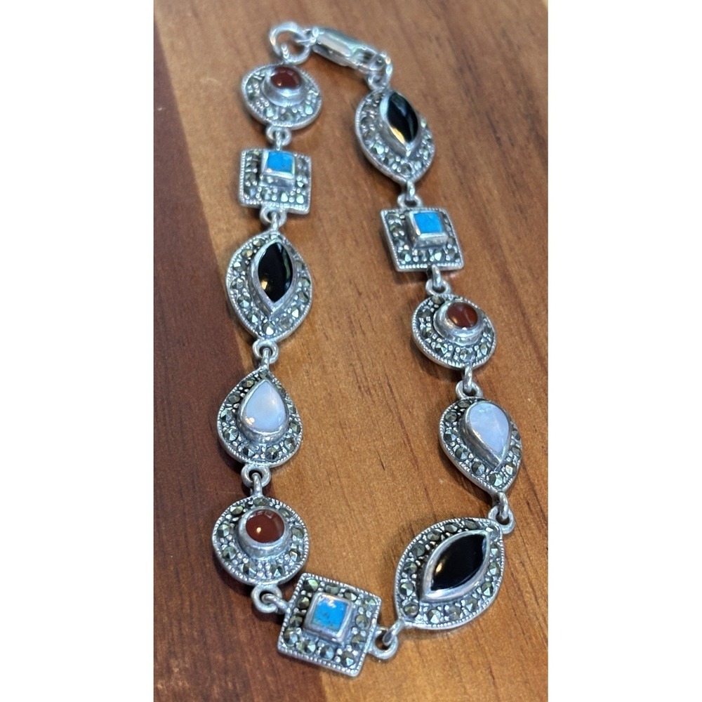 Sterling Silver Turquoise MOP Onyx Cornelian Marcasite Link Bracelet 925 7.75"